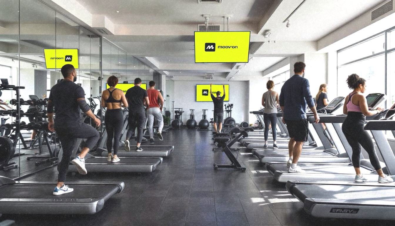 Salle de sport d'entreprise Moov'On : collaborateurs sur tapis de course et machines de musculation