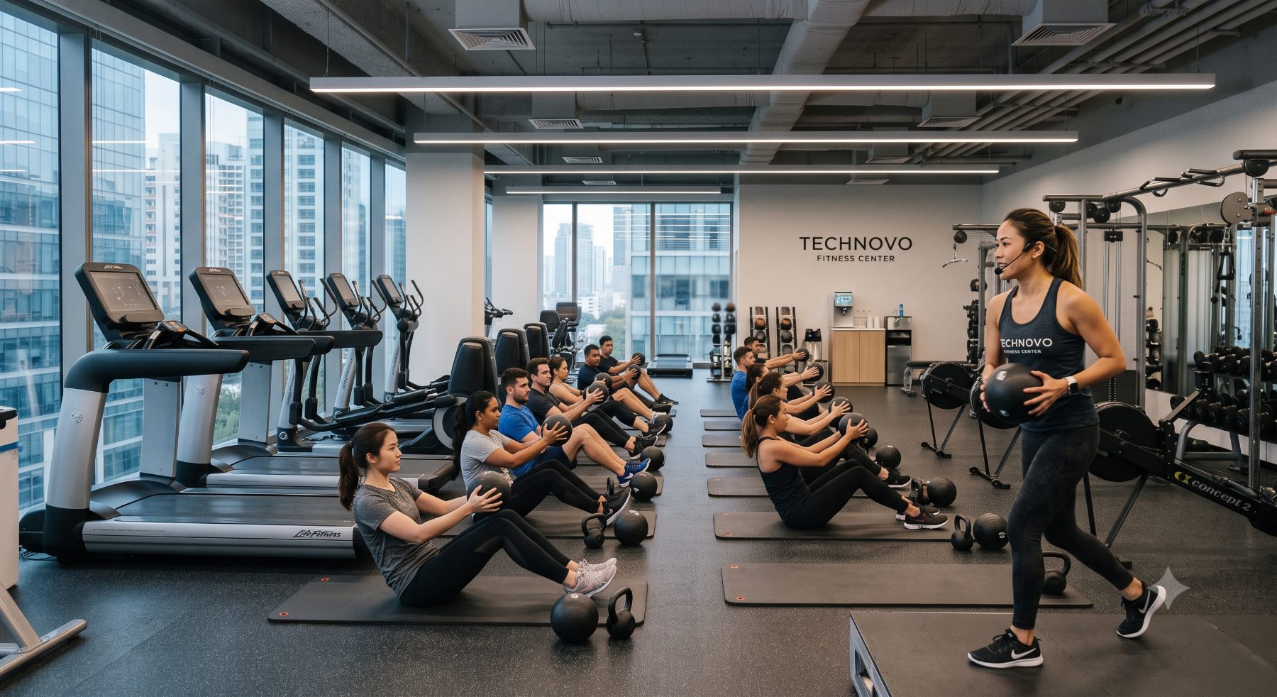 Cours collectif encadré par une coach dans une salle de sport d'entreprise